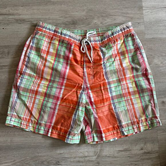 Vintage Y2K Polo Ralph Lauren Orange Plaid Swim Board Shorts Size Medium - Picture 1 of 12